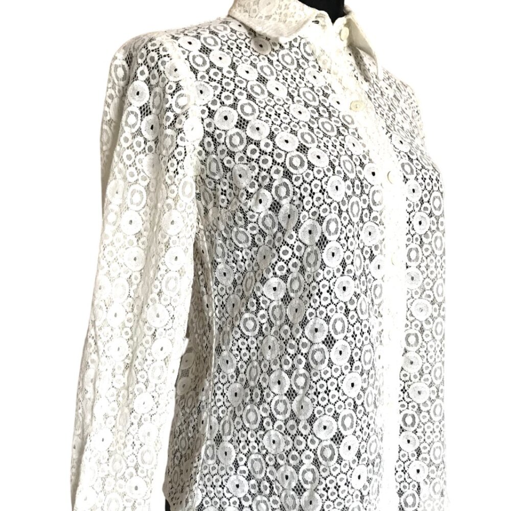 Trina Turk Sheer Lace Button-Down Blouse, Cream See-Thru Top, Size Small - Picture 6 of 15